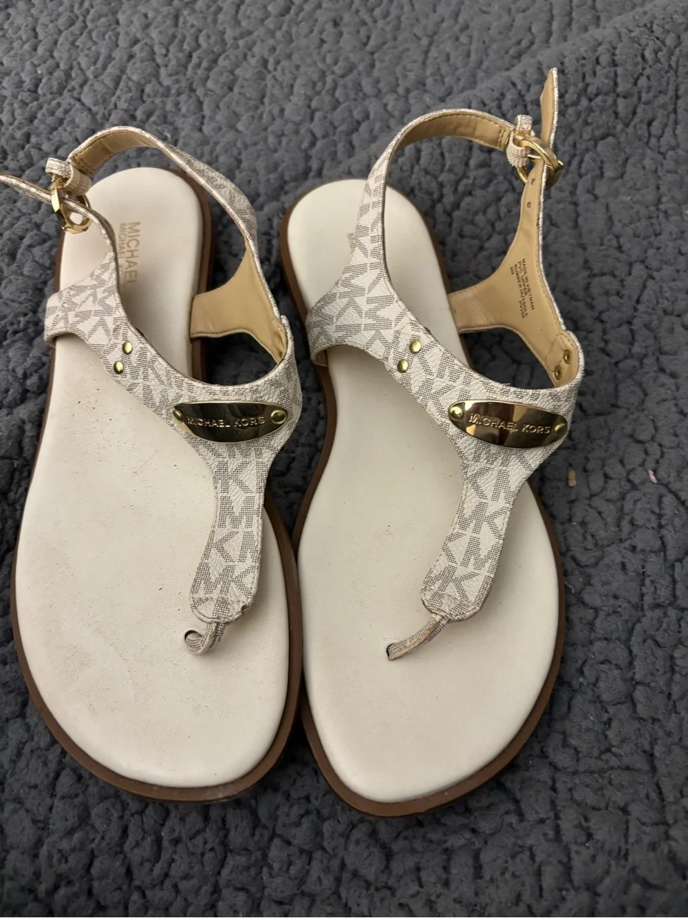 MICHAEL Michael Kors Cream Logo T-Strap Sandals with Gold Hardware